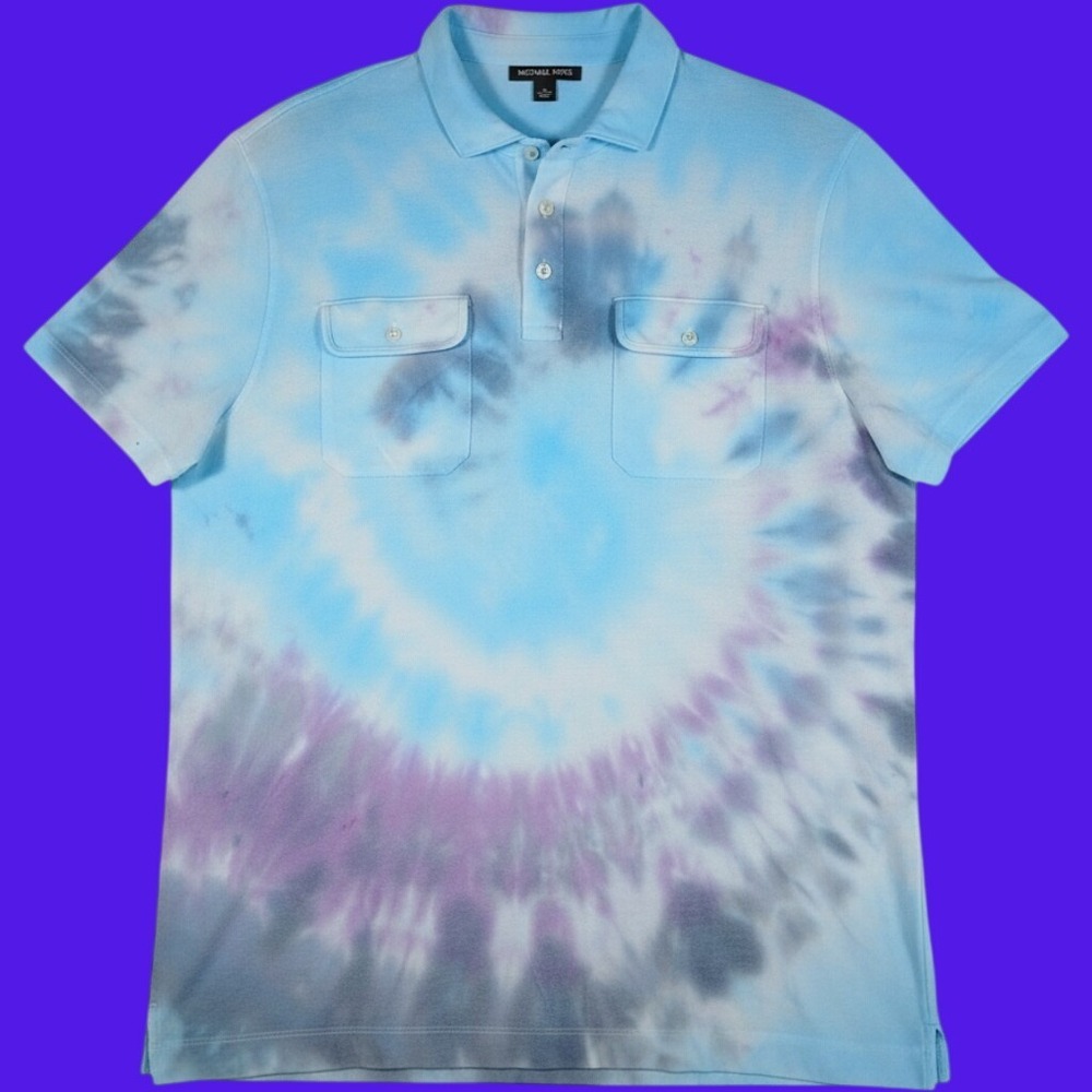 Michael Kors Polo Shirt Mens XL Blue Cotton Blend Tie Dye Casual Chest Pocket